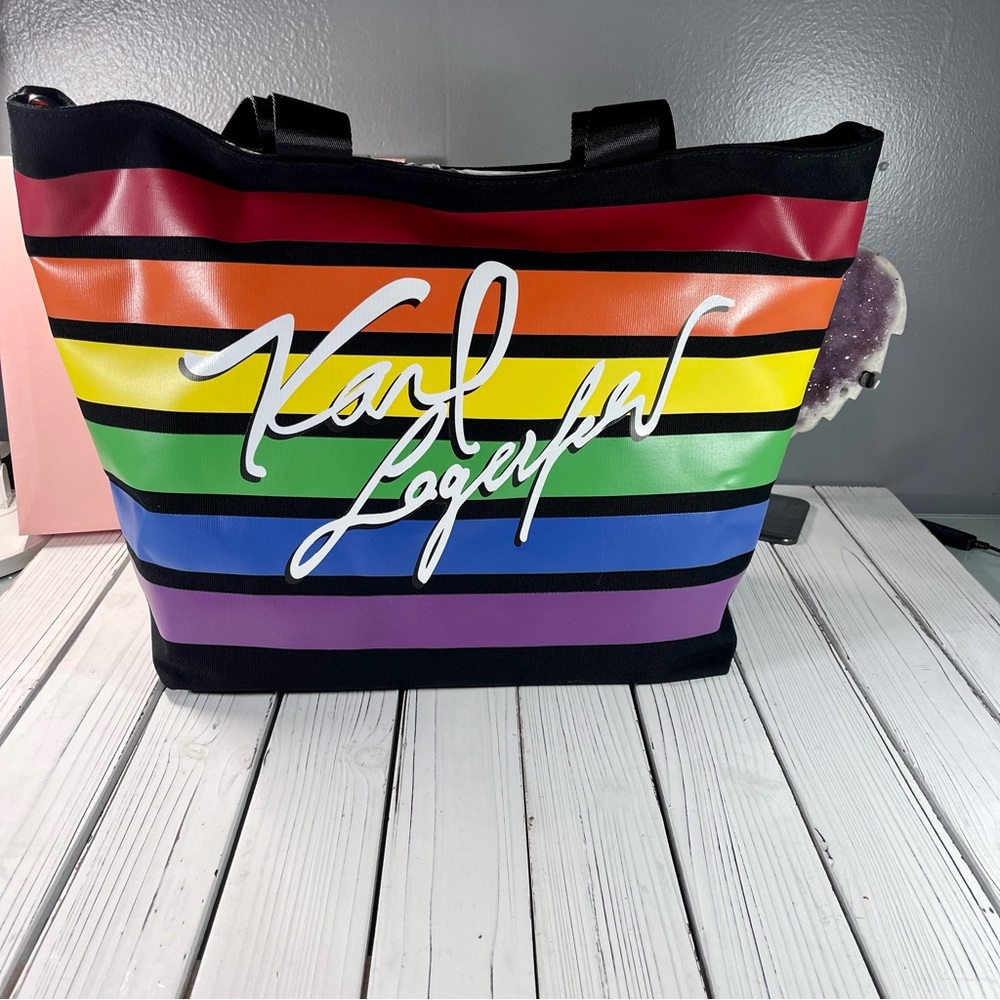 Karl Lagerfeld Xtra Large Black Rainbow Graphic Logo Tote | NWT - Picture 1 of 7